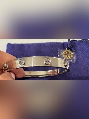 Tory Burch Silver Logo Stud Bangle with Charm